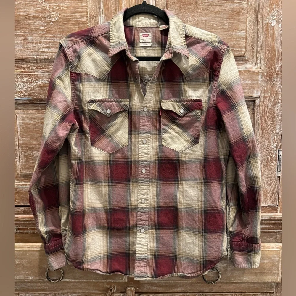 Levi's Red and Cream Plaid Snap Front Western Long Sleeve Shirt Country Cowboy